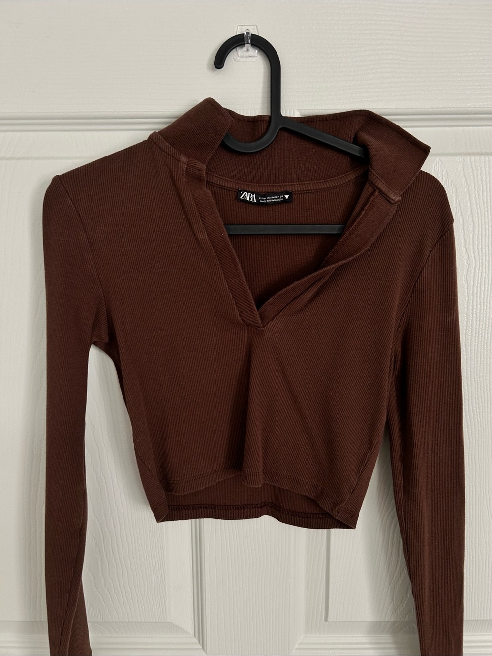 ZARA Chocolate Brown Ribbed Long-Sleeve Cropped Top